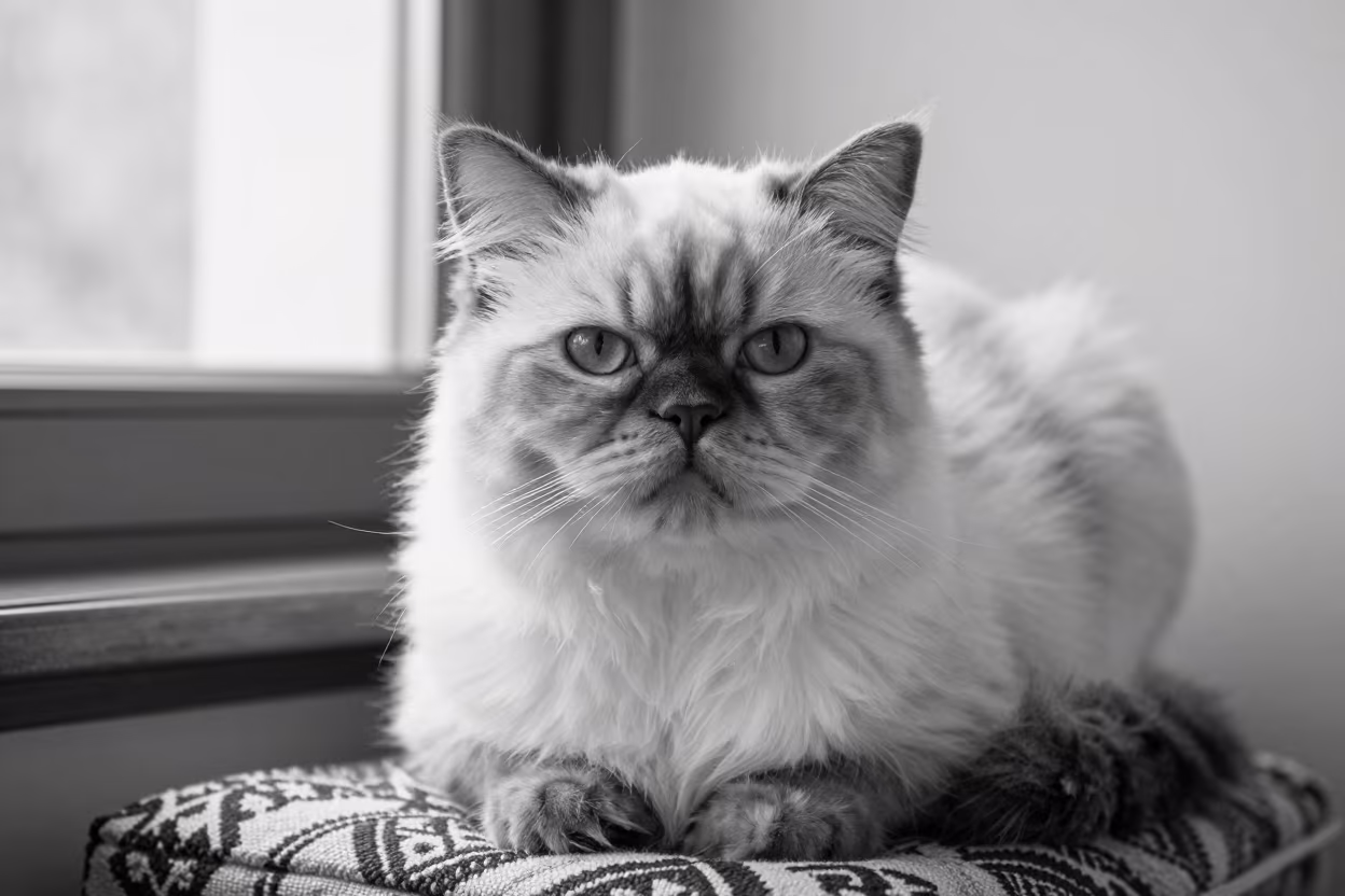 Himalayan Cat Portrait on Kathmandu Window Seat in on a cushioned window seat with soft side light and an uncluttered background near Kathmandu