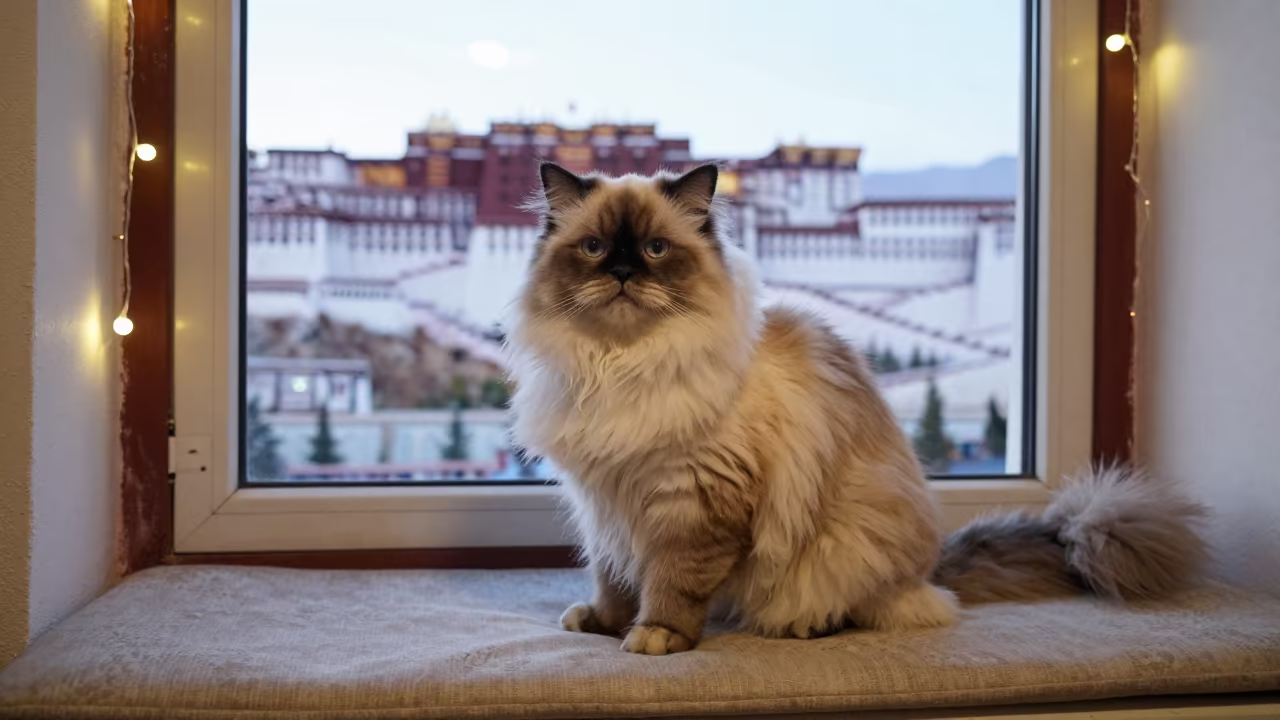 Himalayan Cat Portrait on Lhasa Window Seat in on a cushioned window seat with soft side light and an uncluttered background in Lhasa