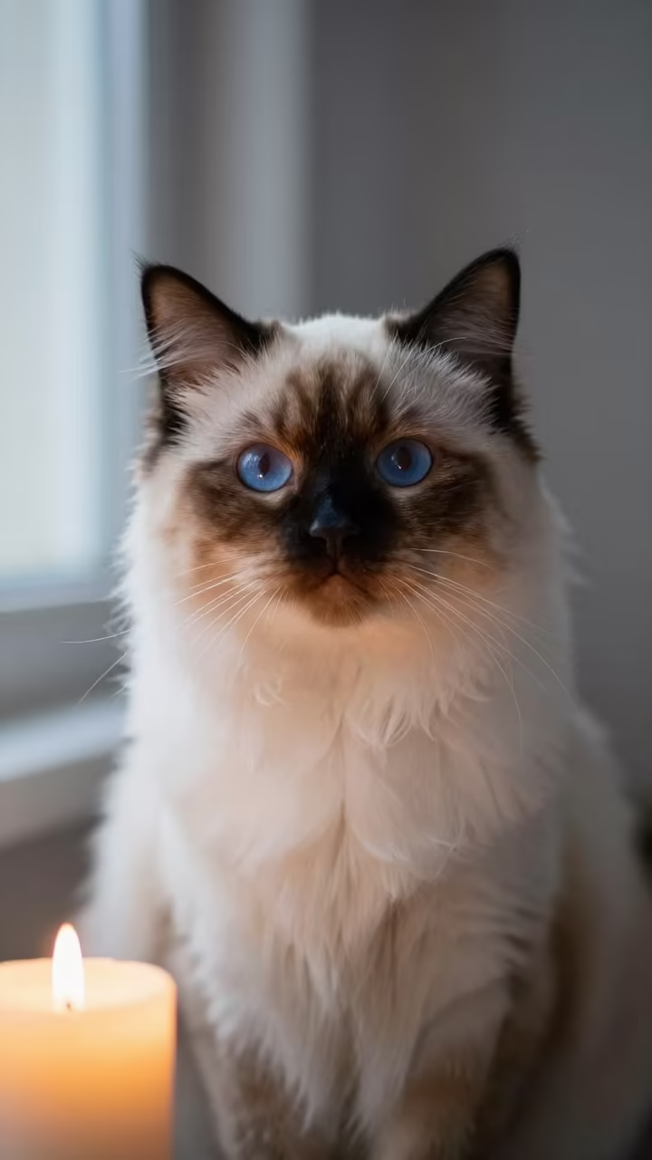 Himalayan Cat Portrait Warm Candlelight Studio in in a quiet portrait studio with a plain backdrop and eye-level framing in Kathmandu