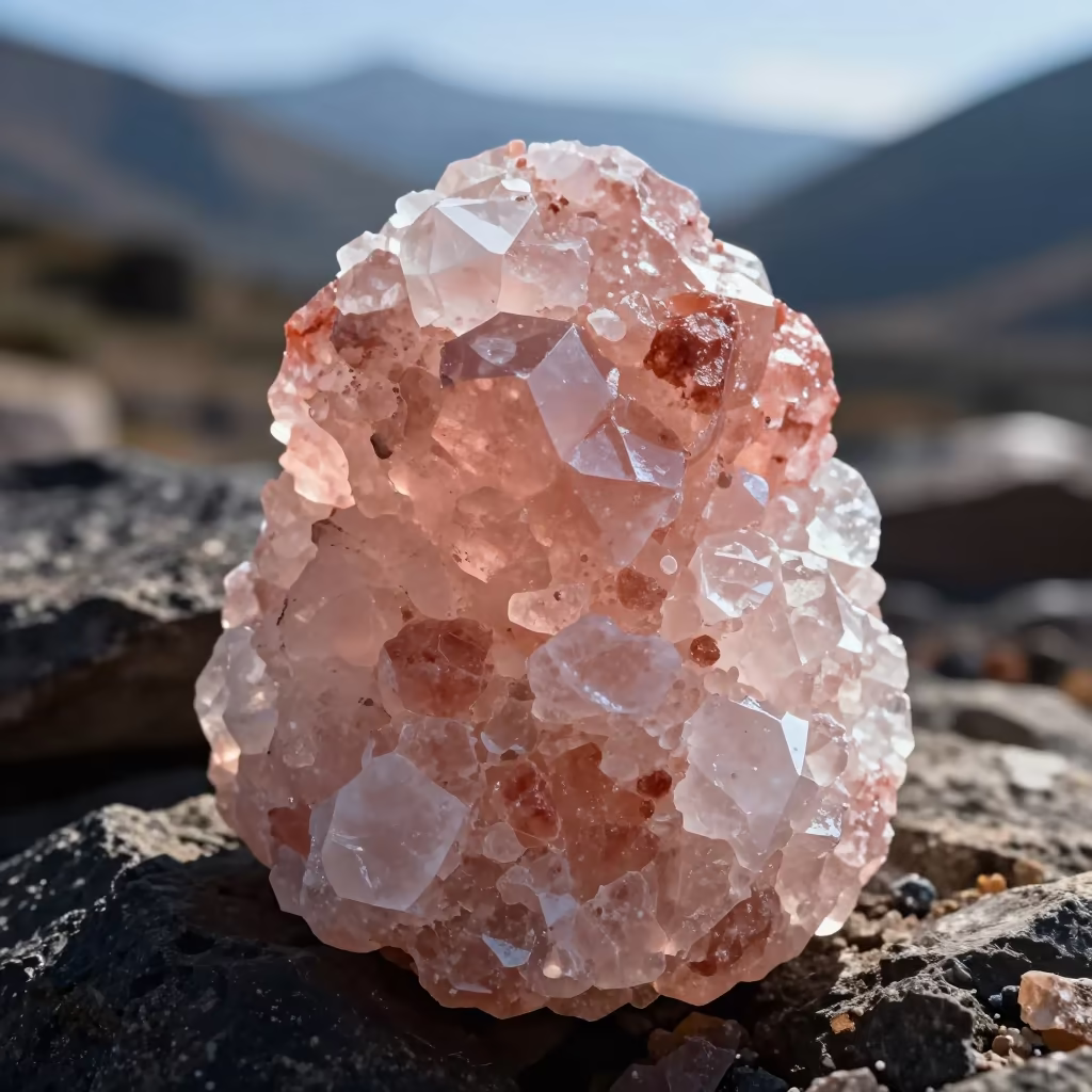 Himalayan Pink Salt Crystal Macro View in at a rocky saddle overlooking a mountain valley near Kathmandu