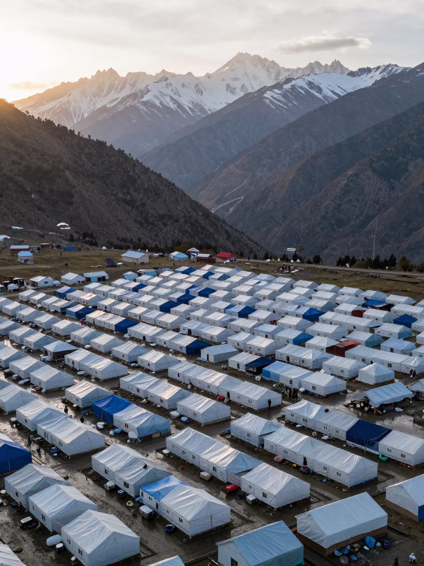 Himalayan Refugee Camp Sunrise Aerial View in in the Himalayas