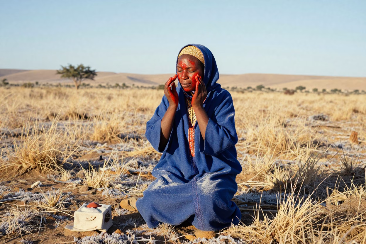 Himba Woman Applying Ochre Cream in Frost in near Agadir