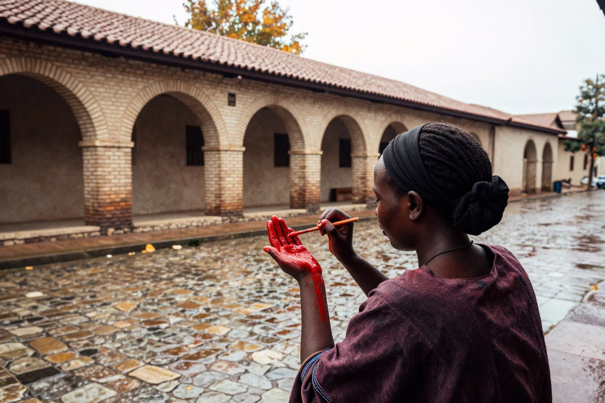 Himba Woman Applying Ochre Cream in Bursa in in Bursa
