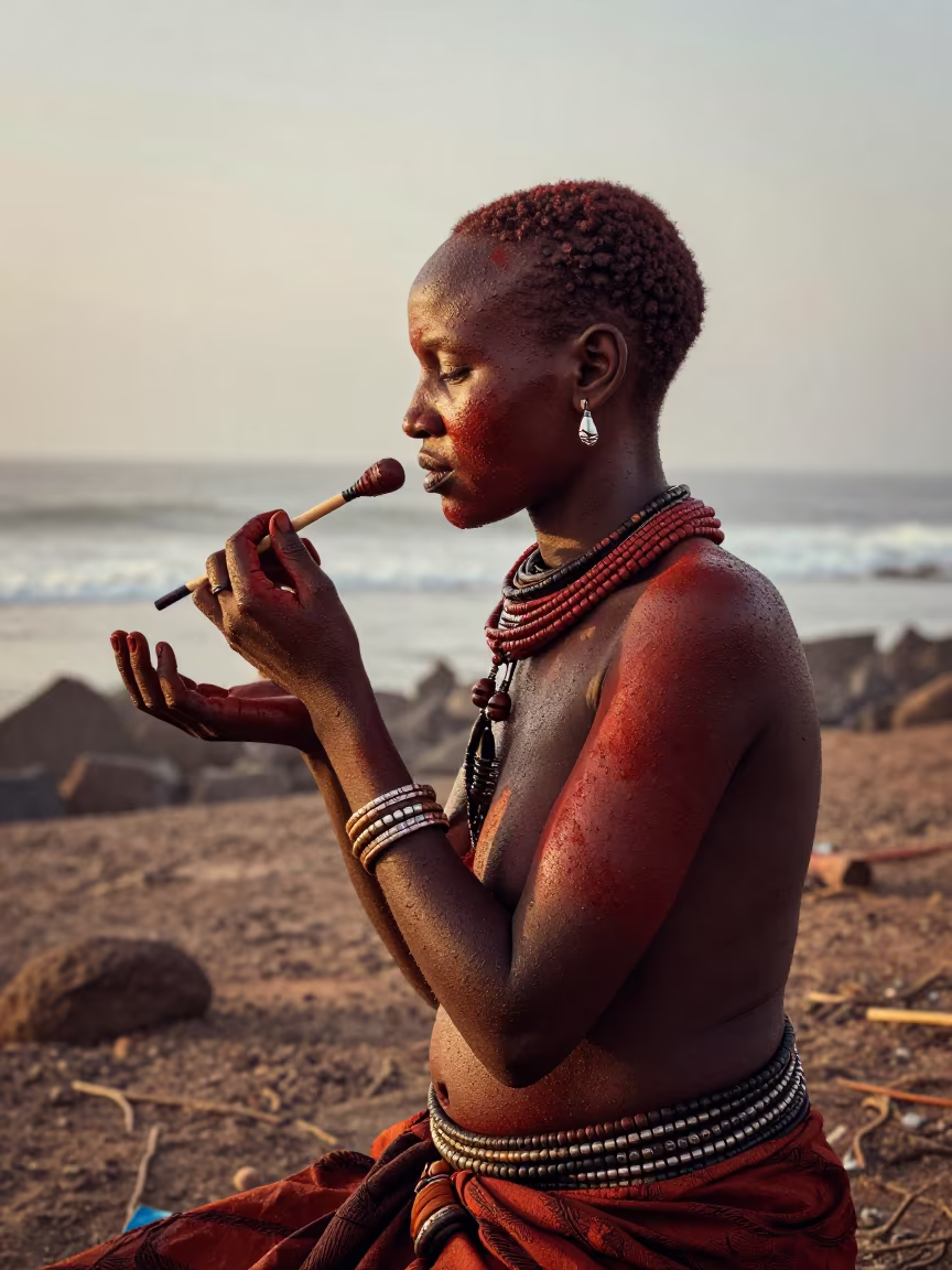 Himba Woman Applying Ochre Cream at Dawn in near Kochi