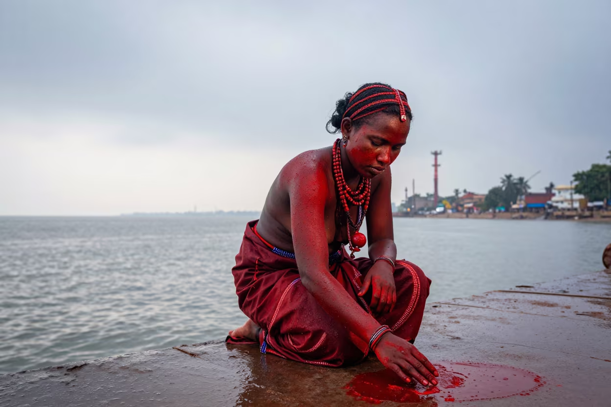 Himba Woman Applying Ochre at Vadodara Harbor Dawn in at a harbor edge in Vadodara
