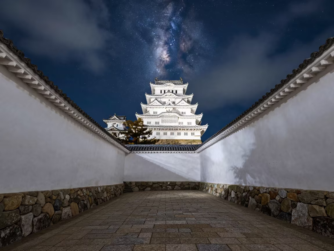 Himeji Castle Neon Reflection in Osaka Stair Hall in inside a tiled stair hall in Osaka