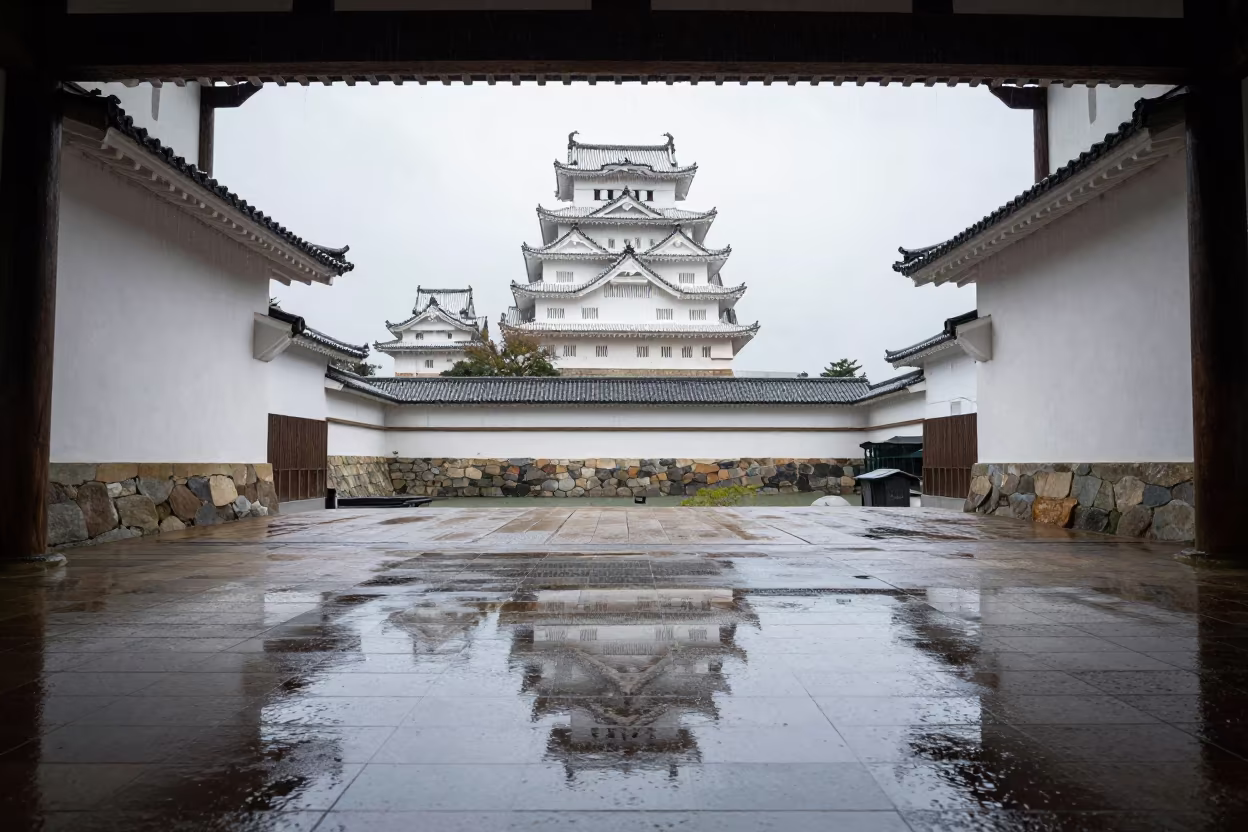 Himeji Castle Reflected in Osaka Stair Hall in inside a tiled stair hall in Osaka