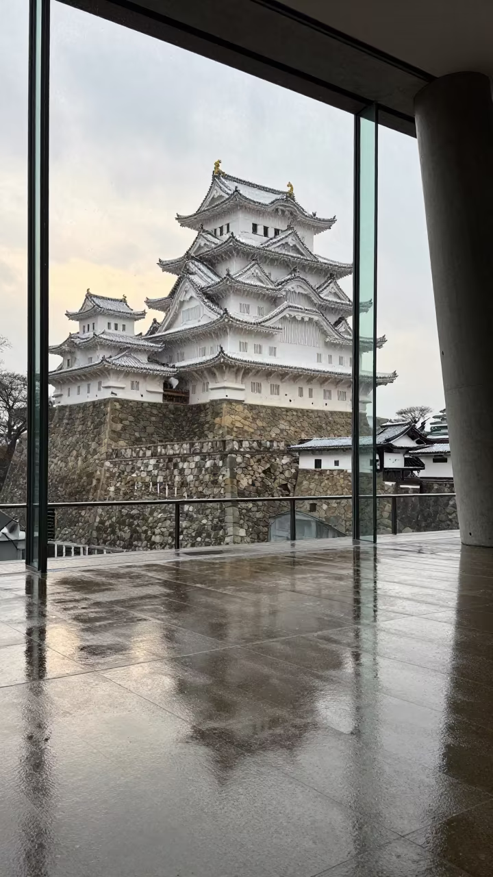 Himeji Castle Reflection in Hamburg Concrete Lobby in inside a ribbed concrete lobby in Hamburg