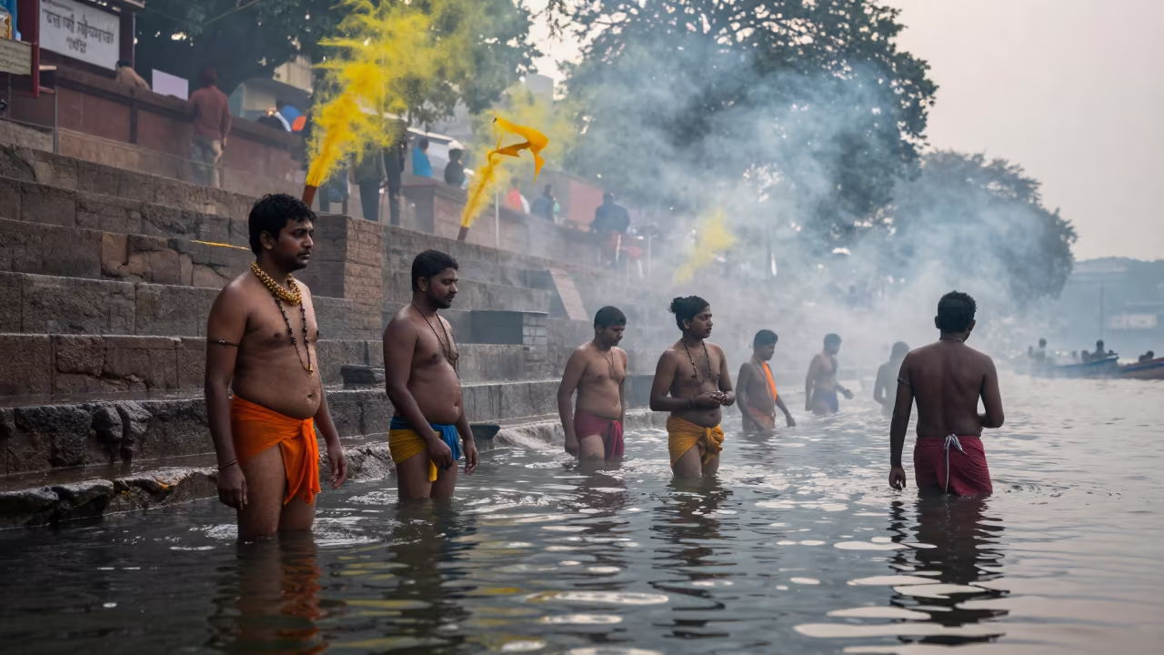 Hindu Bathers at Dawn on Kolkata Ghats in at the edge of a sacred pool near New Market, Kolkata