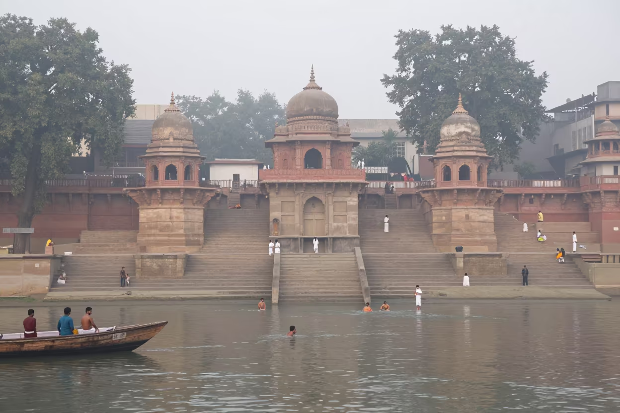 Hindu Bathers at Dawn on Sacred Ghats Near Delhi in at a shrine entrance near Delhi