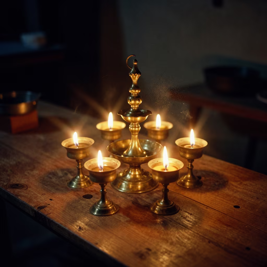 Hindu Brass Oil Lamp in Gonaives Night Light in on a wooden workbench in Gonaïves