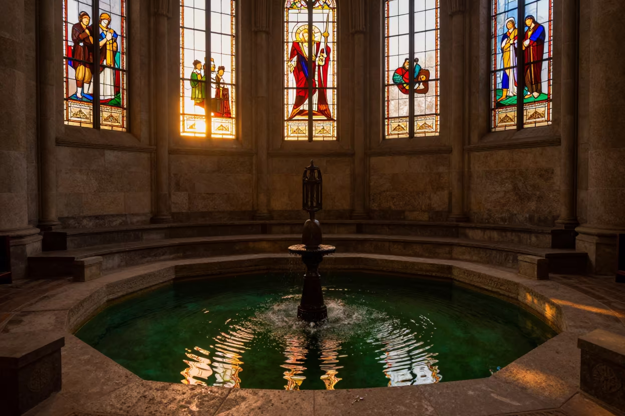 Silhouetted Hindu Tank Steps in Copenhagen Chapel in in a chapel lit by stained glass in Copenhagen