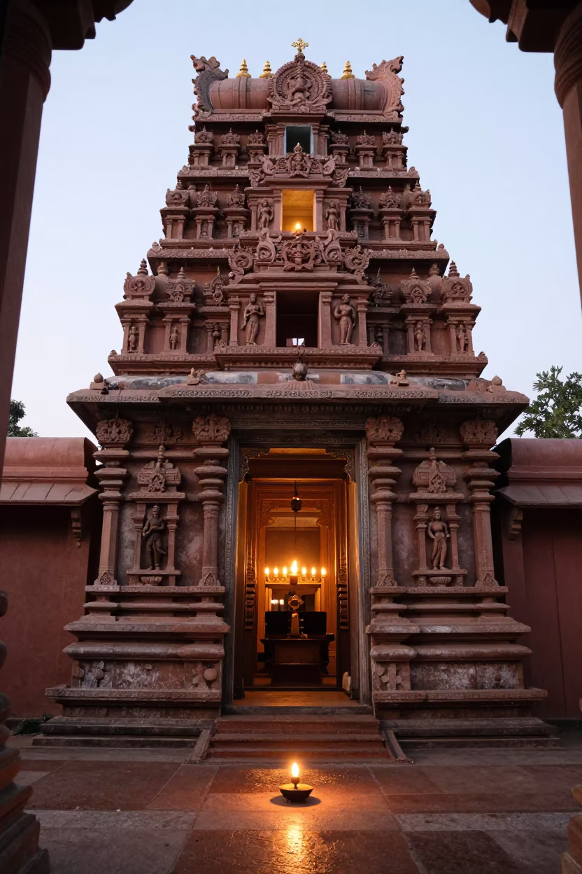 Hindu Temple Carved Gopuram in Candlelit Nave in inside a candlelit nave in Ogbomosho