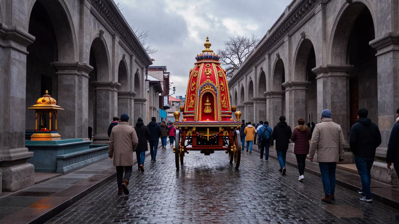 Hindu Temple Chariot Procession New York Winter in at the edge of a sacred pool in New York