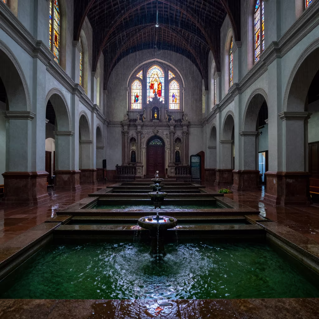 Hindu Temple Tank in Bogota Market Chapel in in a chapel lit by stained glass in Paloquemao Market, Bogota