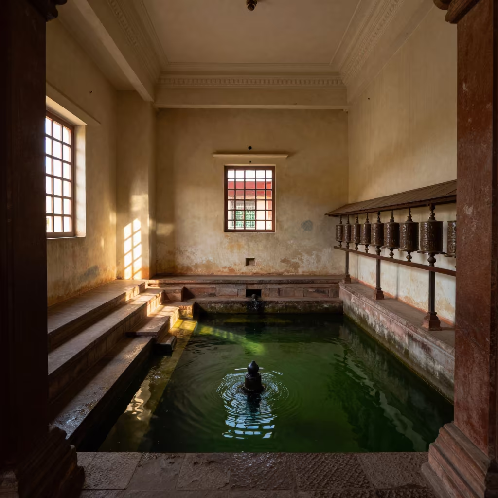 Hindu Temple Tank Steps in Late Afternoon Light in beside a prayer wheel corridor in Gabiadji