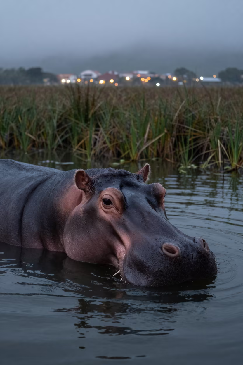 Hippo Surfacing Amidst Costa Rican Monsoon Fog in at the edge of a reed bed in Costa Rica