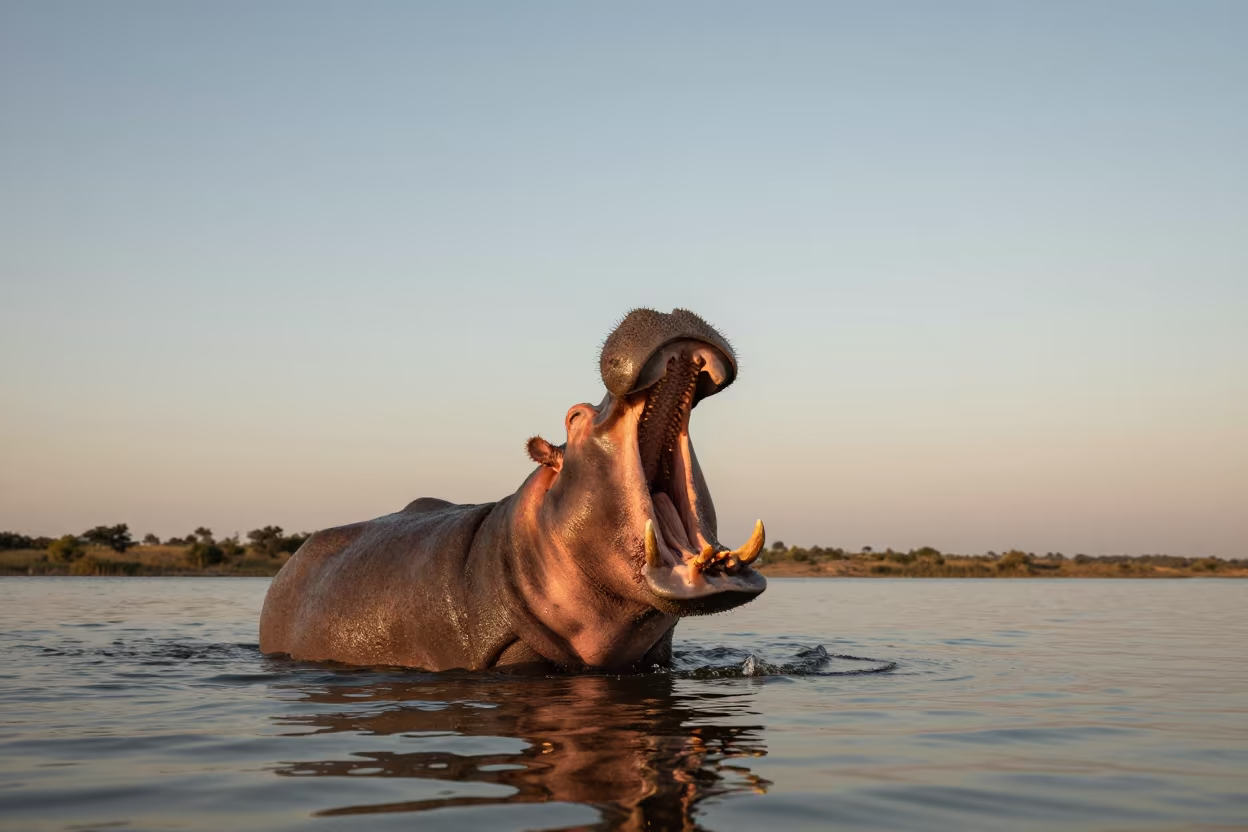 Hippo Yawning at Sunset in Dar es Salaam Lake in beside a tidal inlet near Dar es Salaam
