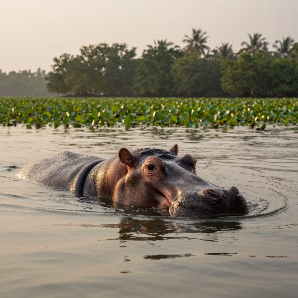 Hippopotamus Surfacing at Dawn in Kerala in in Kerala