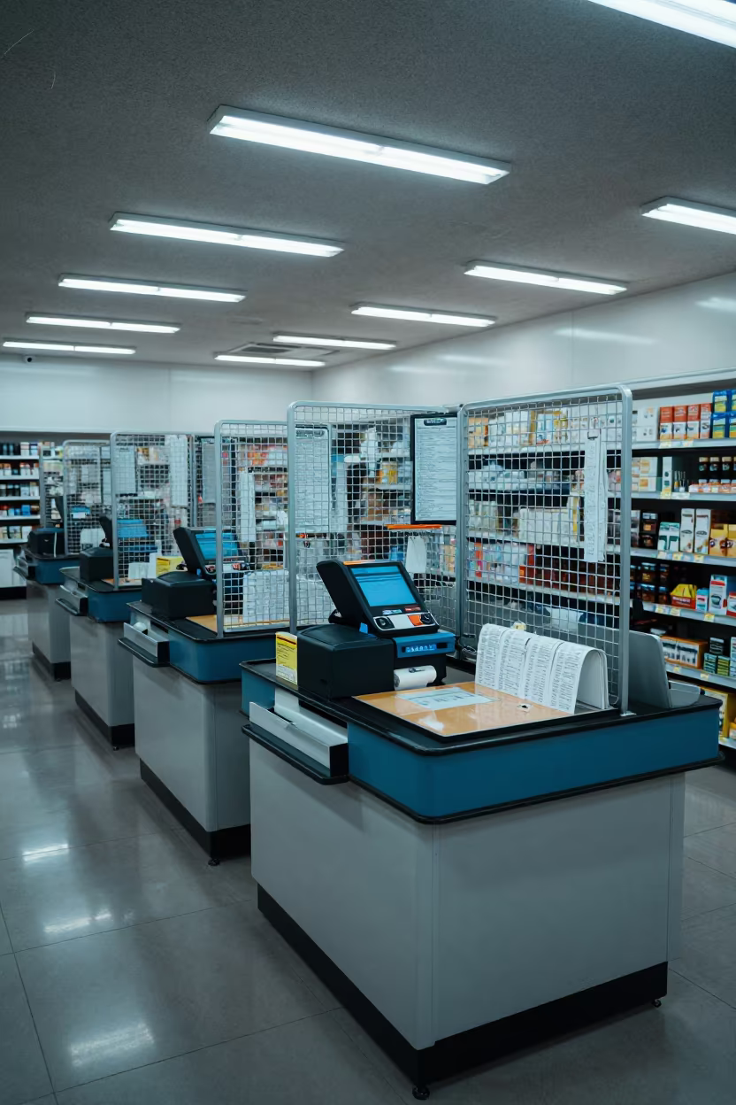Hiroshima Checkout Till Tray at Twilight in at a checkout lane under flat store light in Hiroshima