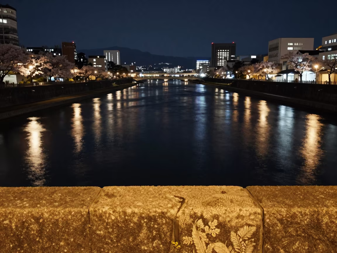 Hiroshima River City Lights Stone Ledge Midnight in on a stone ledge near Hiroshima