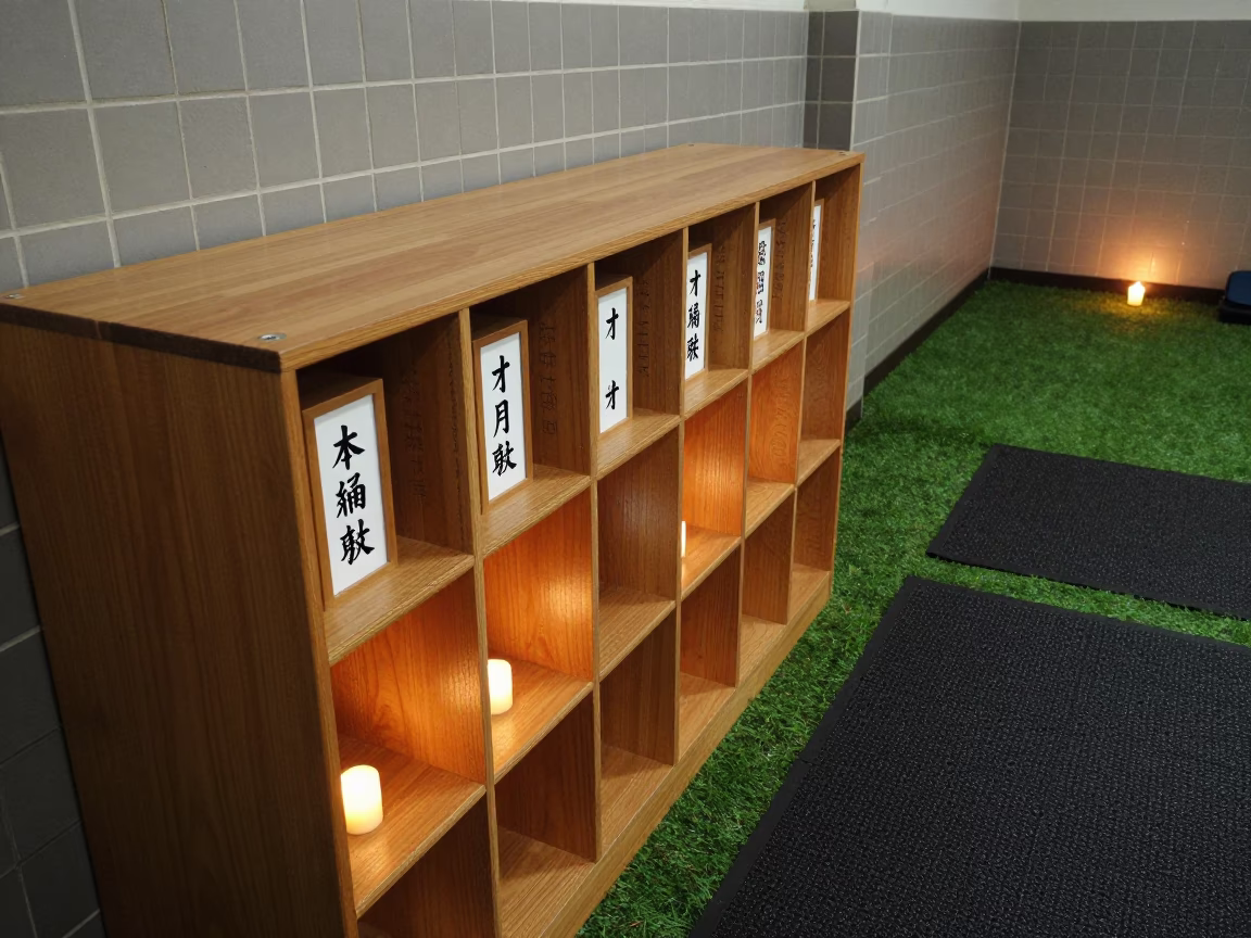 Hiroshima Youth Camp Roster Cubby in Candlelight in inside a recovery lounge beside foam rollers near Hiroshima