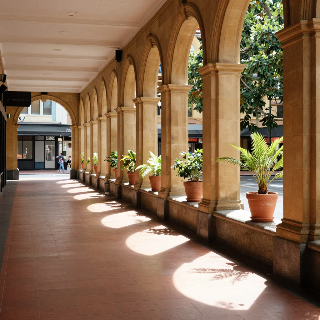 Historic Arcade in Adelaide at As First Light Reaches The Scene in in Adelaide, South Australia, Australia