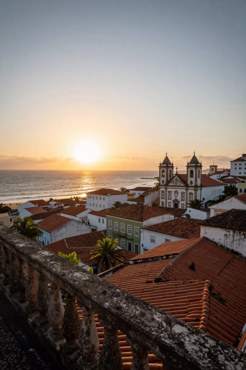 Historic Architecture And Coastal Life in Salvador at Sunset Light in in Salvador, Brazil