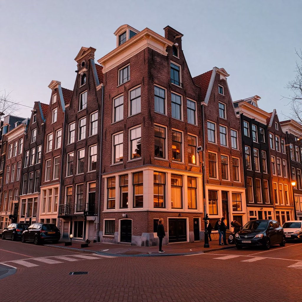 Historic Architecture in Amsterdam at Copper-toned Light Before Dusk in in Amsterdam, Netherlands
