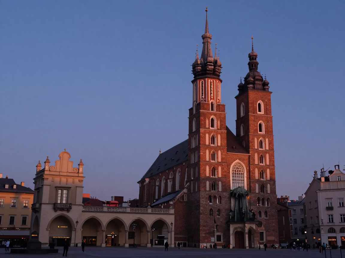 Historic Architecture in Krakow at Nautical Dawn Light in in Krakow, Poland