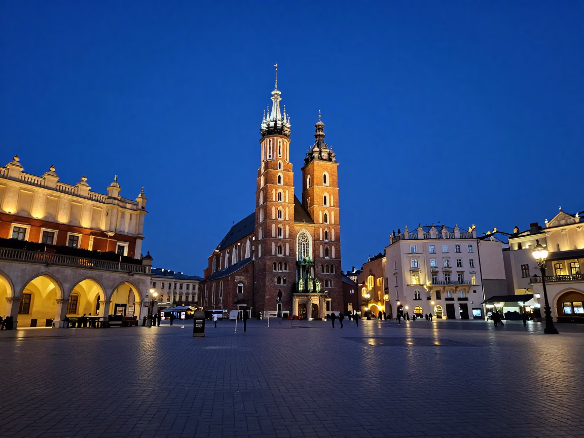 Historic Architecture in Krakow at The Last Blue Light Of Evening in in Krakow, Poland
