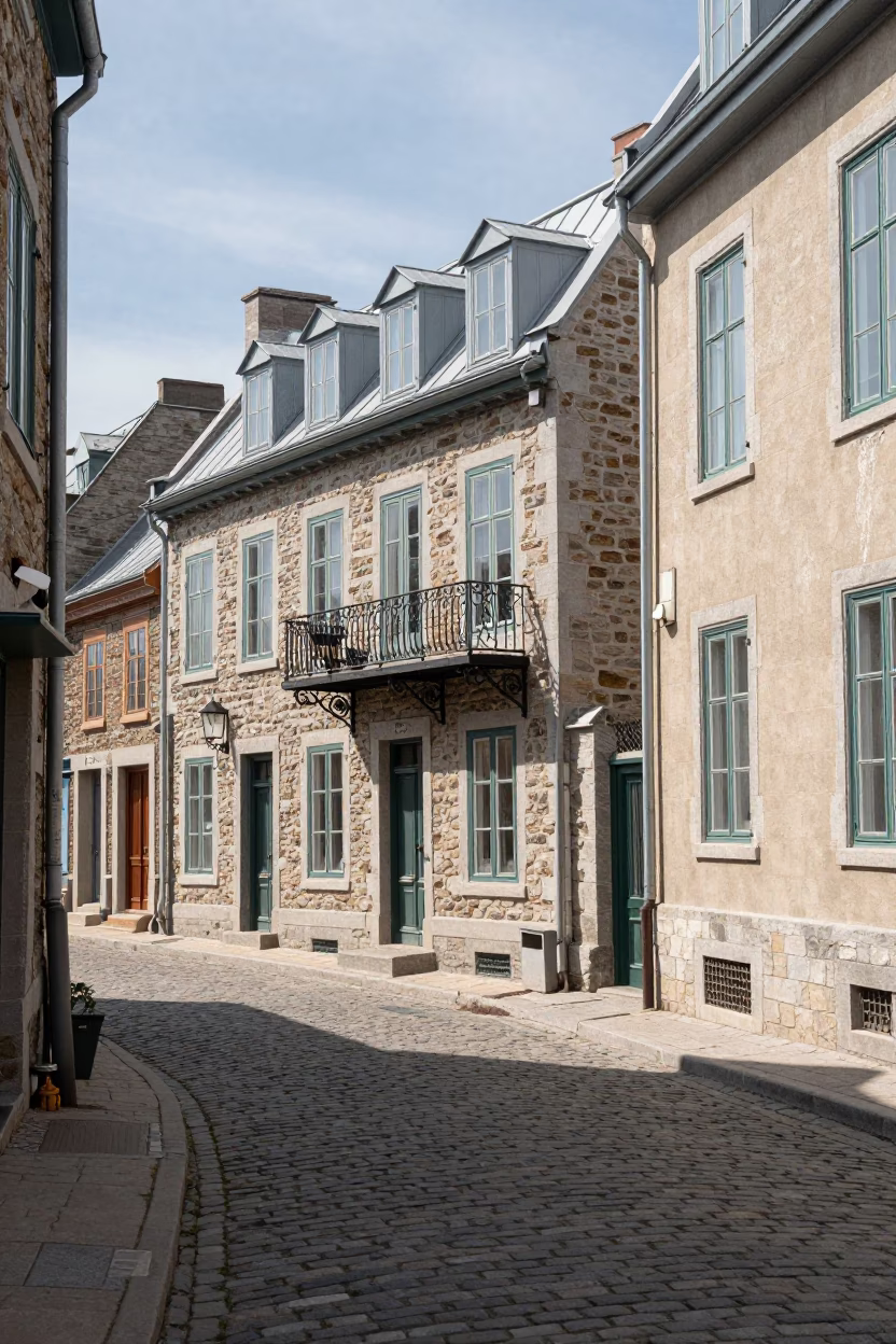 Historic Architecture in Quebec City at The Flat Glare Of Noon Light in in Quebec City, Quebec, Canada