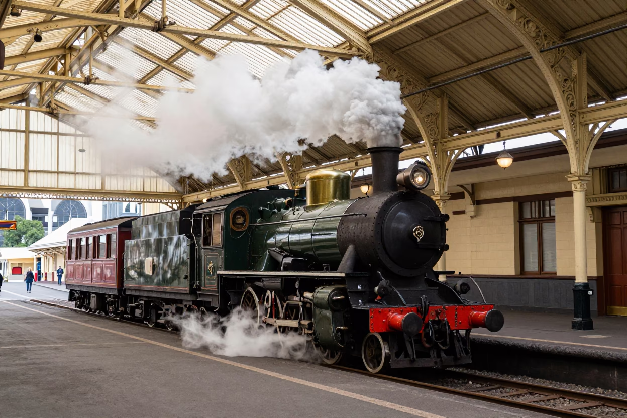 Historic Auckland Railway Station Steam Train Arrival Early Afternoon in in Auckland, New Zealand
