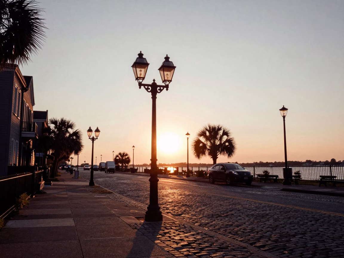 Historic Battery District Street Lamps And Wrought Iron Fences in Charleston in in Charleston, South Carolina, United States