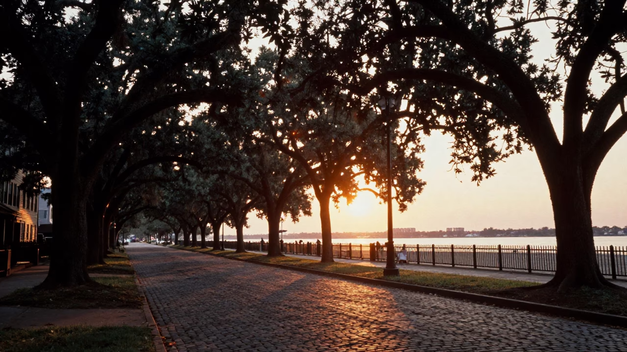 Historic Battery in Charleston at As The Sun Drops Toward The Horizon in in Charleston, South Carolina, United States