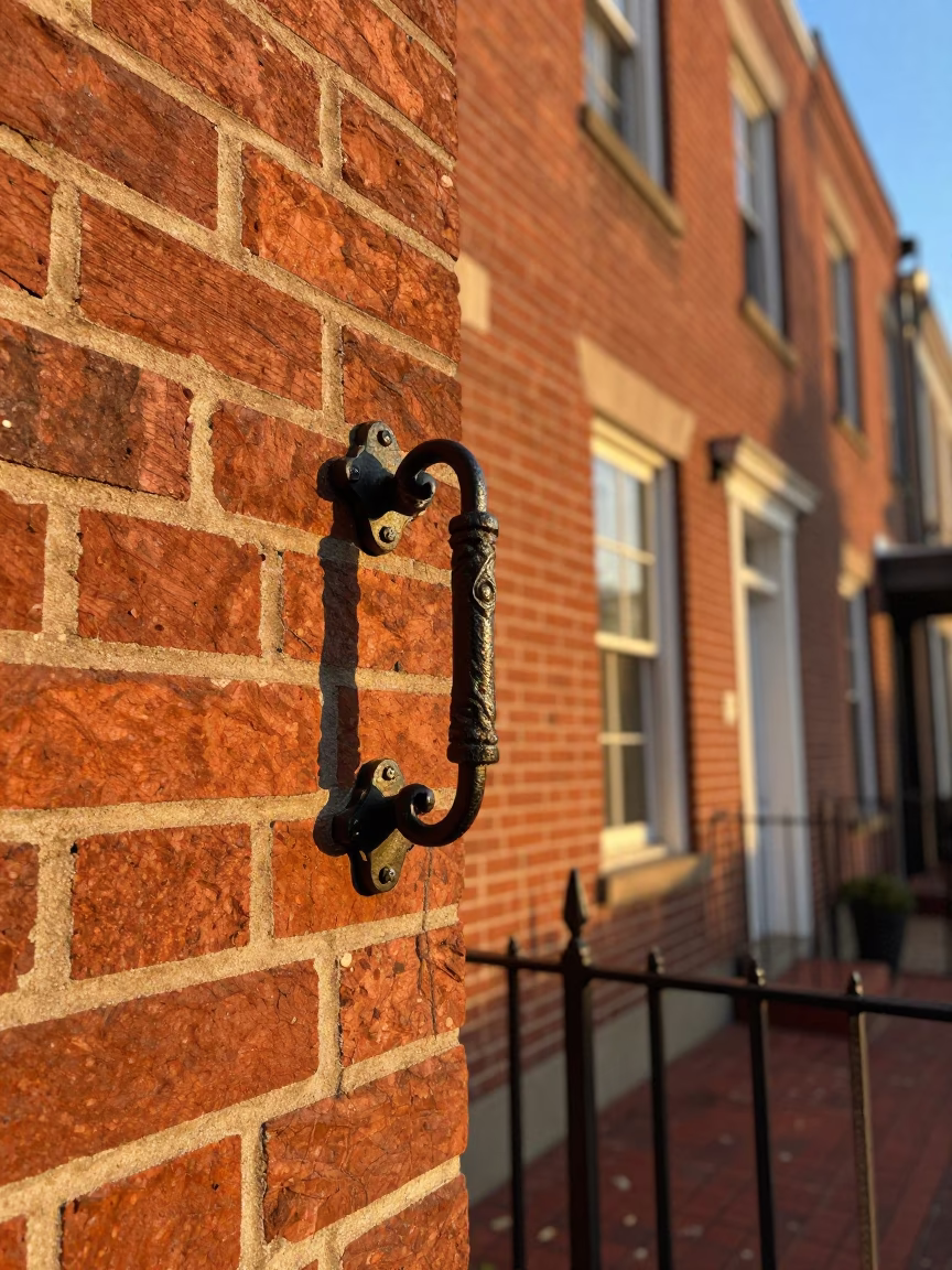 Historic Brick Building And Iron Gate Handle in Philadelphia in in Philadelphia, Pennsylvania, United States