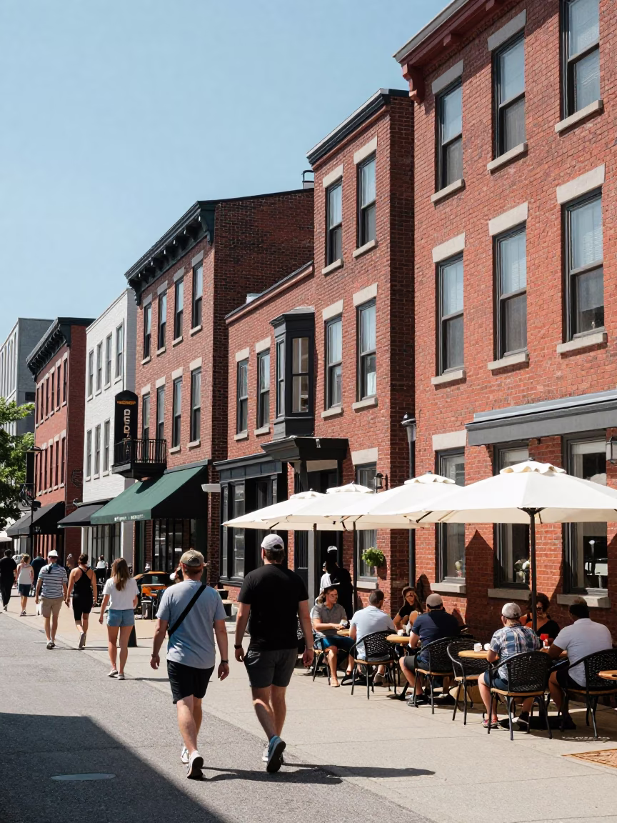 Historic Brick Buildings And Busy Street Life in Halifax in in Halifax, Nova Scotia, Canada