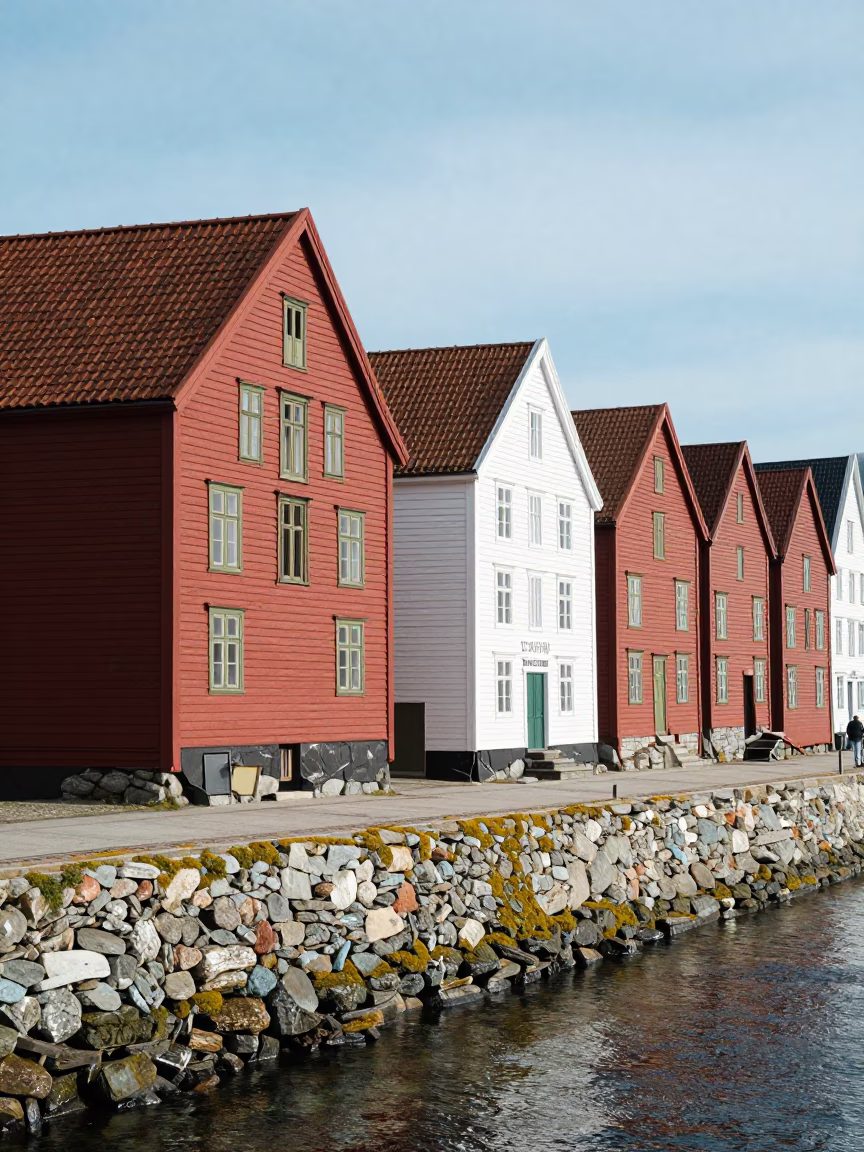 Historic Bryghan Wharf Bergen Norway Noon Light Wooden Buildings and Harbor View in in Bergen, Norway