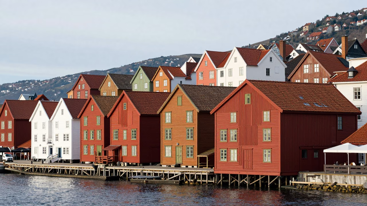 Historic Bryghan Wharf in Bergen Norway Early Afternoon with Traditional Hanseatic Architecture in in Bergen, Norway