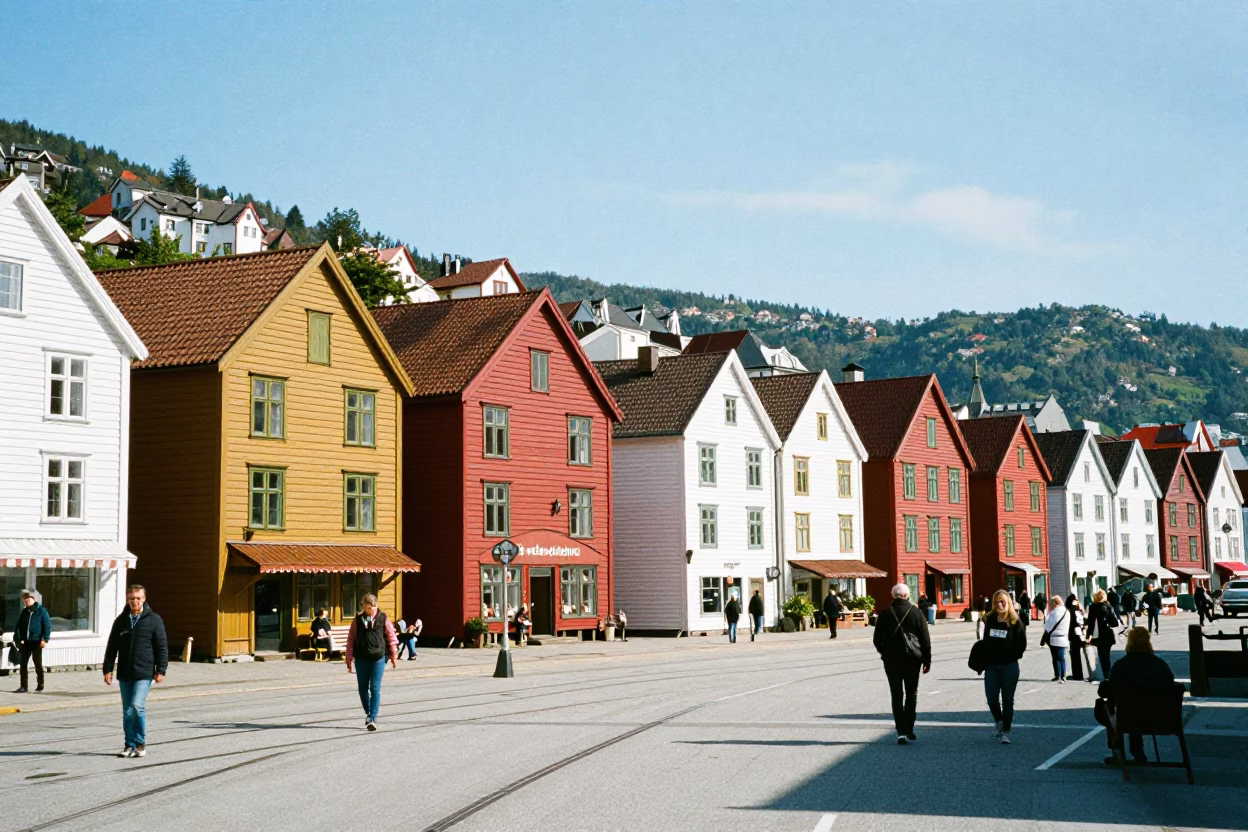 Historic Bryghan Wharf in Bergen Norway Noon Light with Colorful Wooden Buildings in in Bergen, Norway