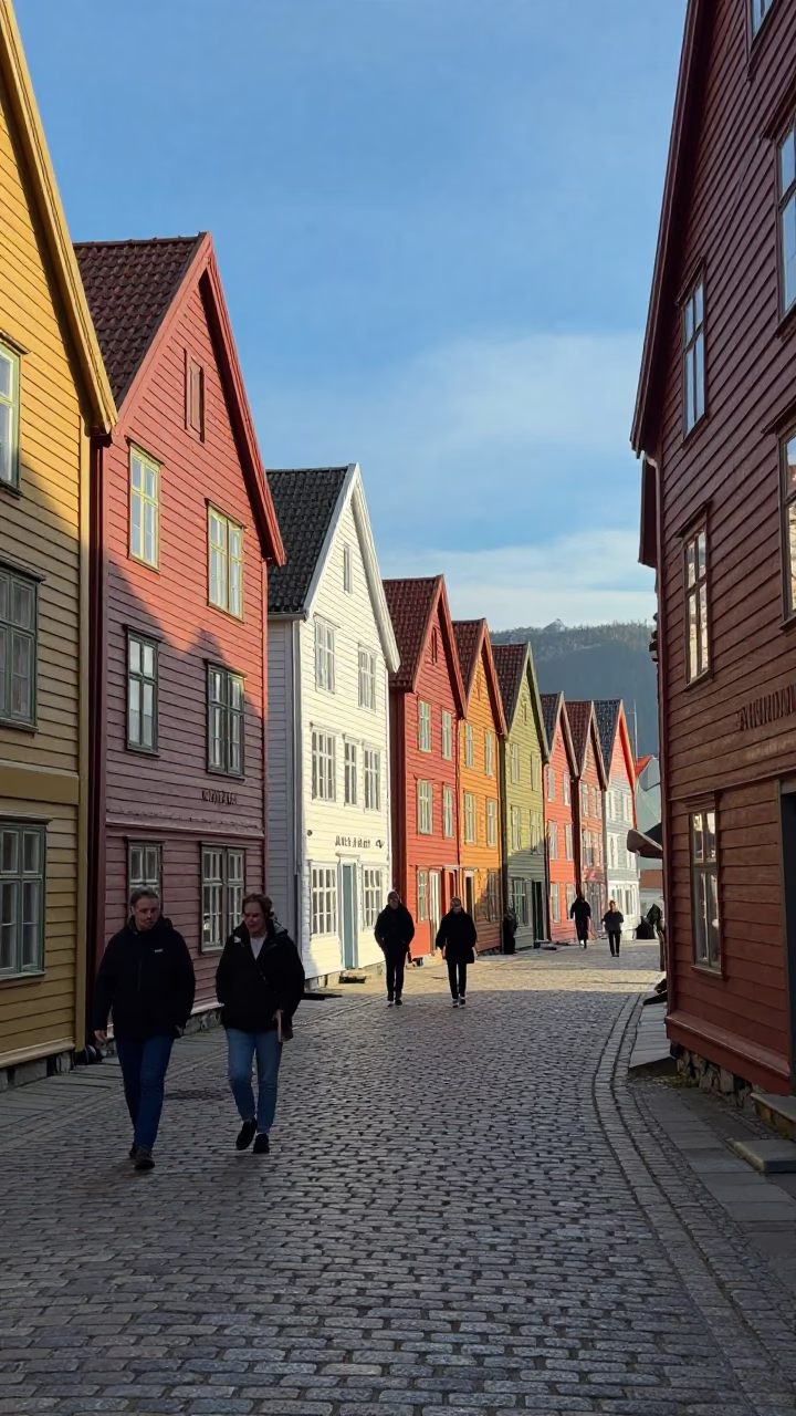 Historic Bryghan Wharf Wooden Facades Late Morning Light in Bergen Norway in in Bergen, Norway
