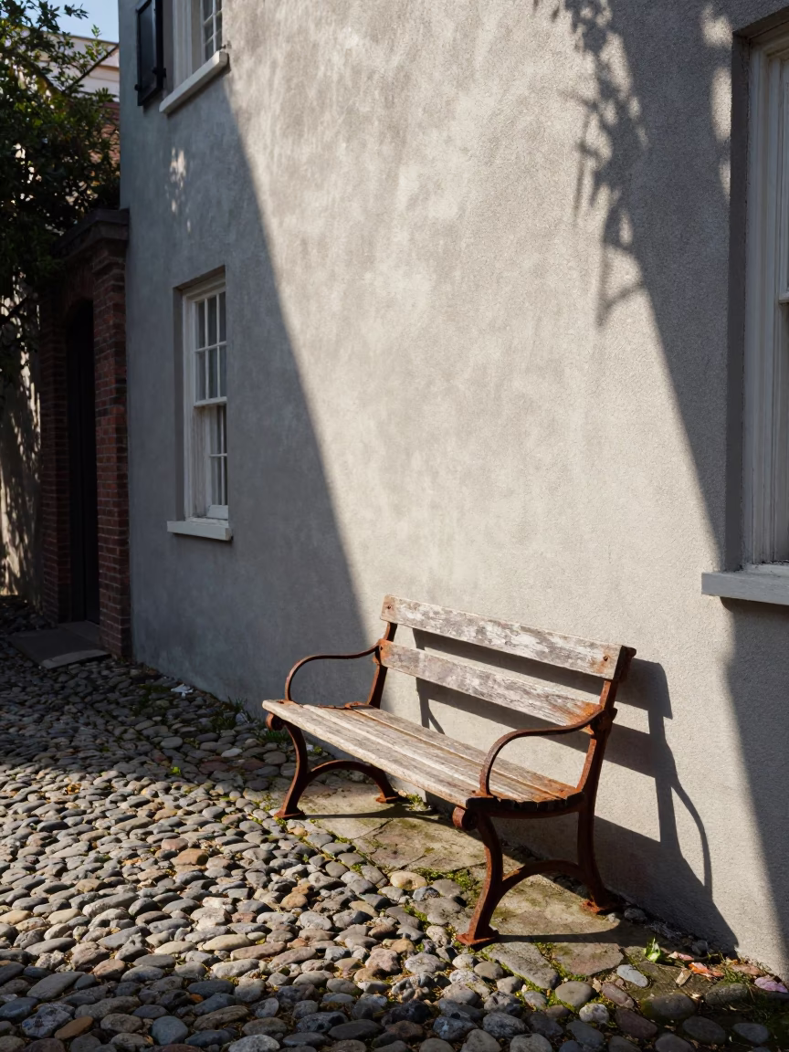 Historic Charleston Alleyway Morning Light with Rusty Bench and Street Details in in Charleston, South Carolina, United States