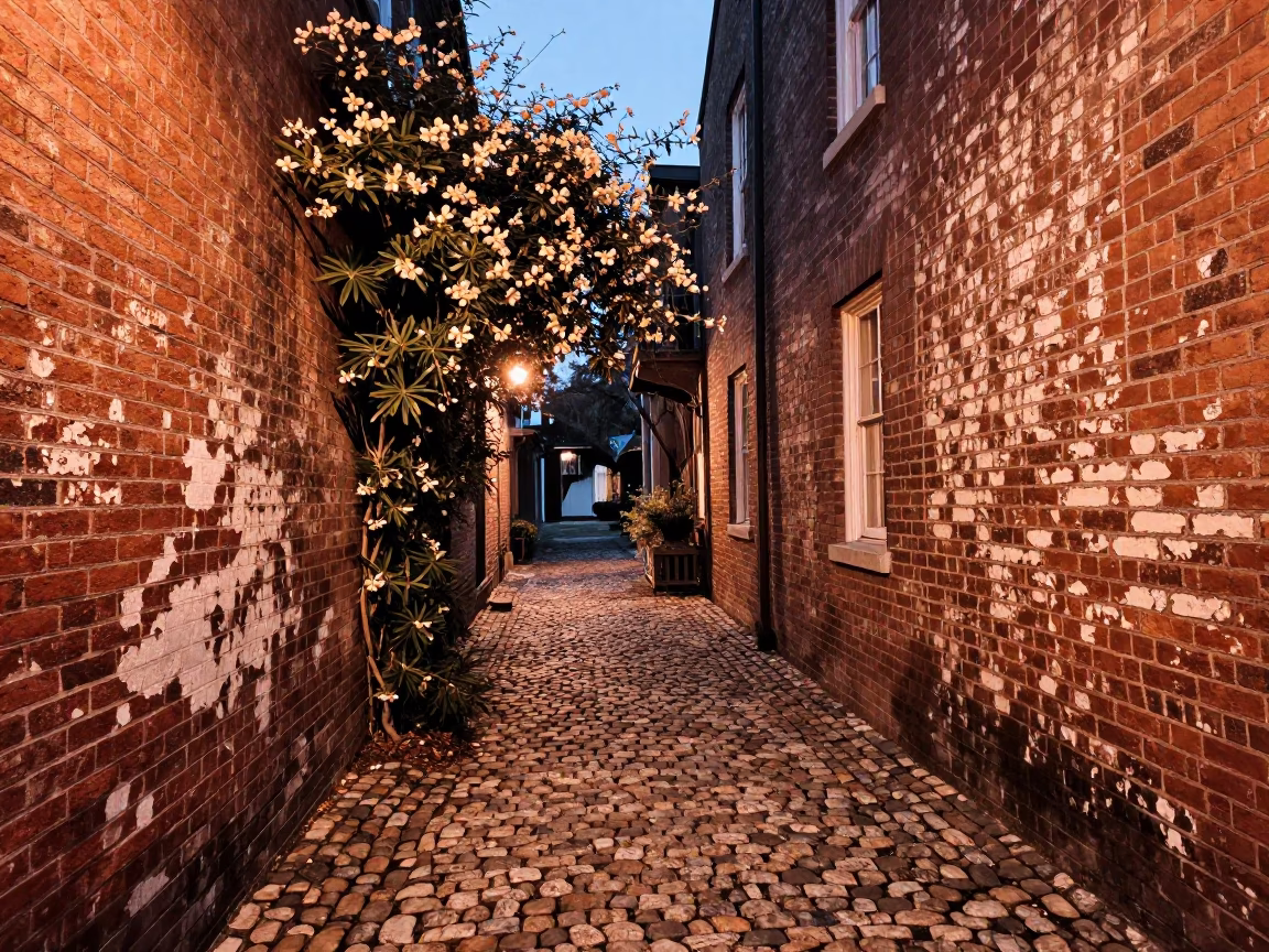 Historic Charleston Brick Alleyway with Climbing Jasmine in Copper Toned Dusk Light in in Charleston, South Carolina, United States
