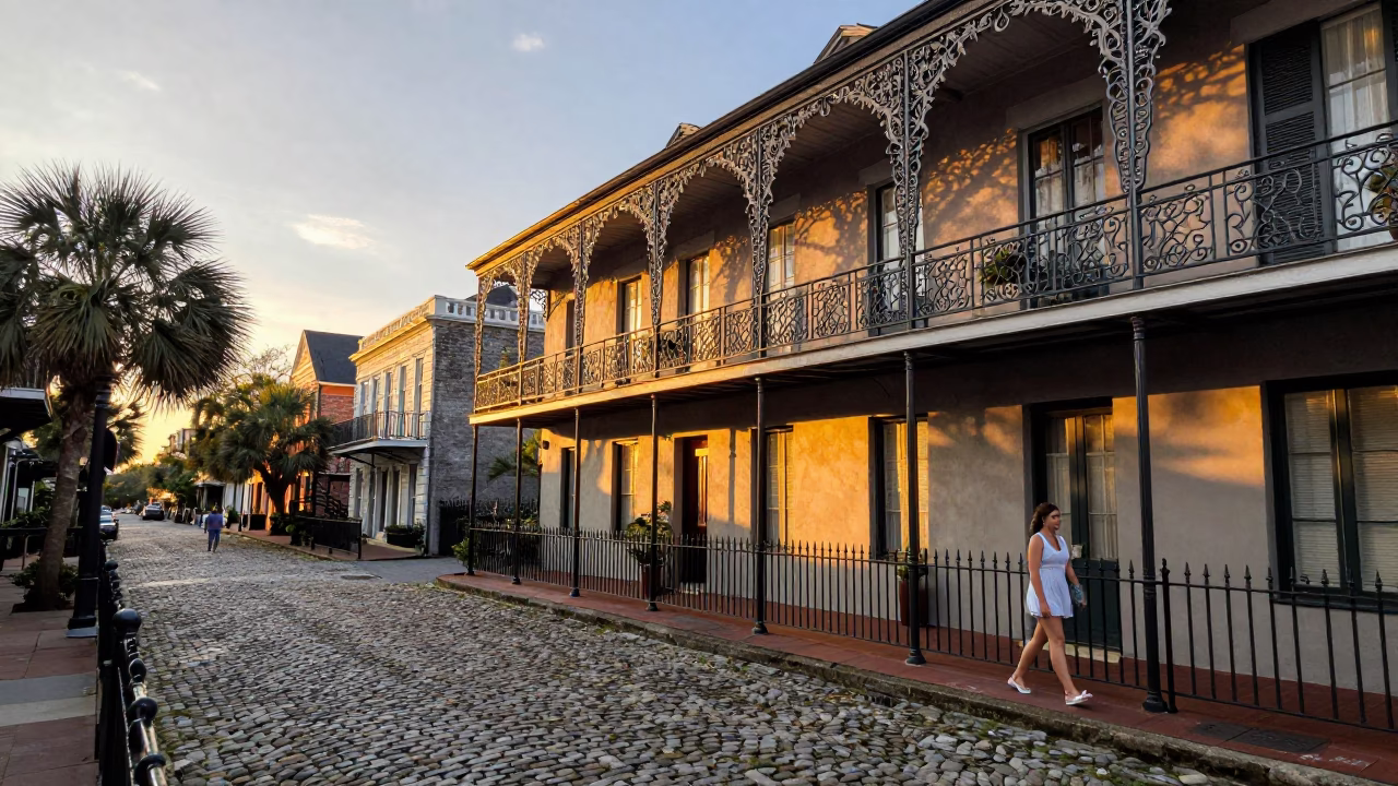 Historic Charleston Cobblestone Street at Sunset with Vintage Architecture and Local Pedestrians in in Charleston, South Carolina, United States