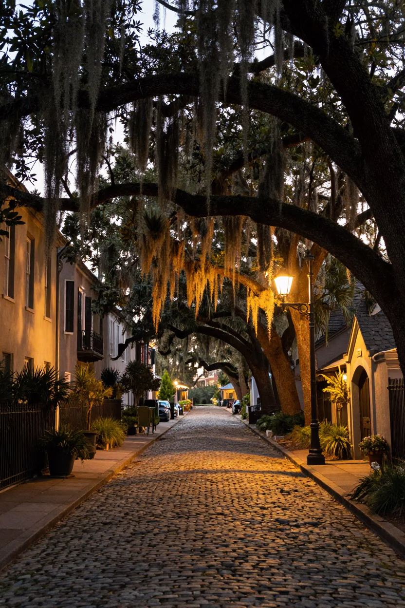 Historic Charleston Cobblestone Street Scene with Moss and Evening Light in in Charleston, South Carolina, United States
