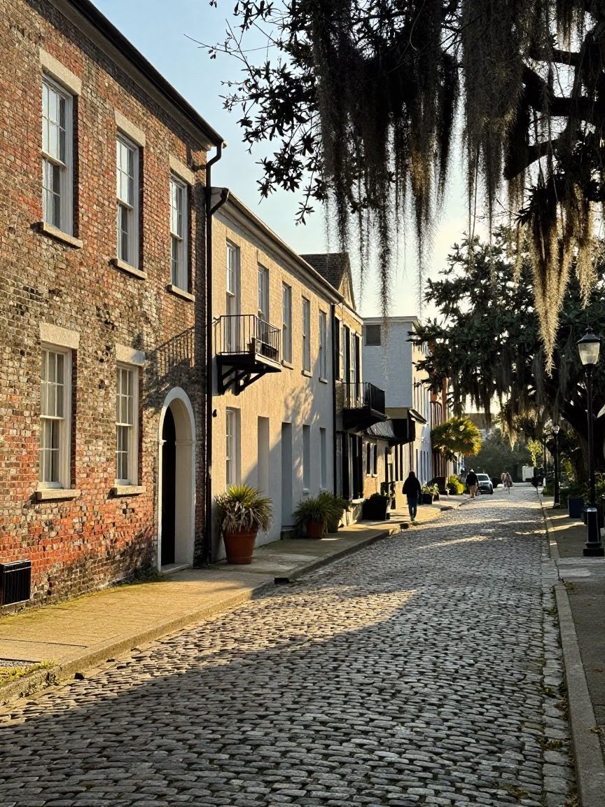Historic Charleston Cobblestone Street with Spanish Moss and Late Afternoon Sunlight in in Charleston, South Carolina, United States