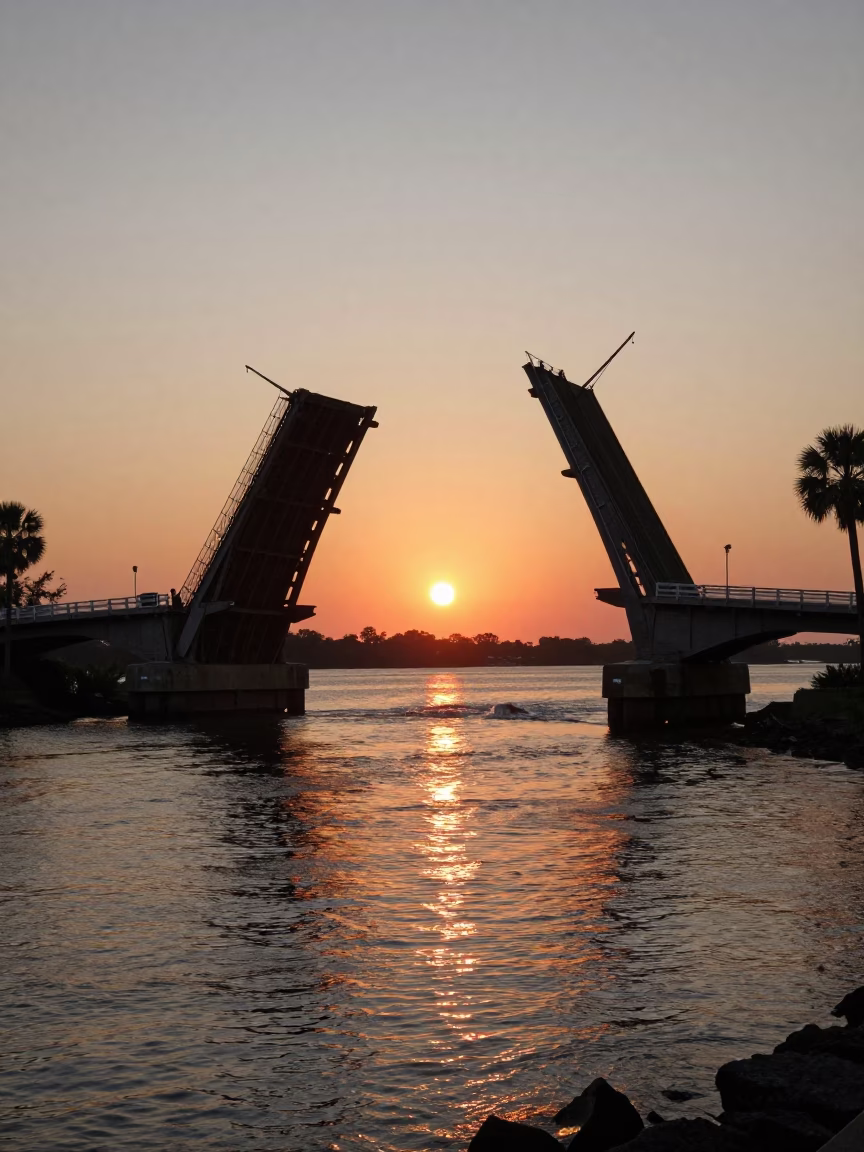 Historic Charleston Drawbridge Lifting Over Tidal Creek at Sunset with Riverboats in in Charleston, South Carolina, United States
