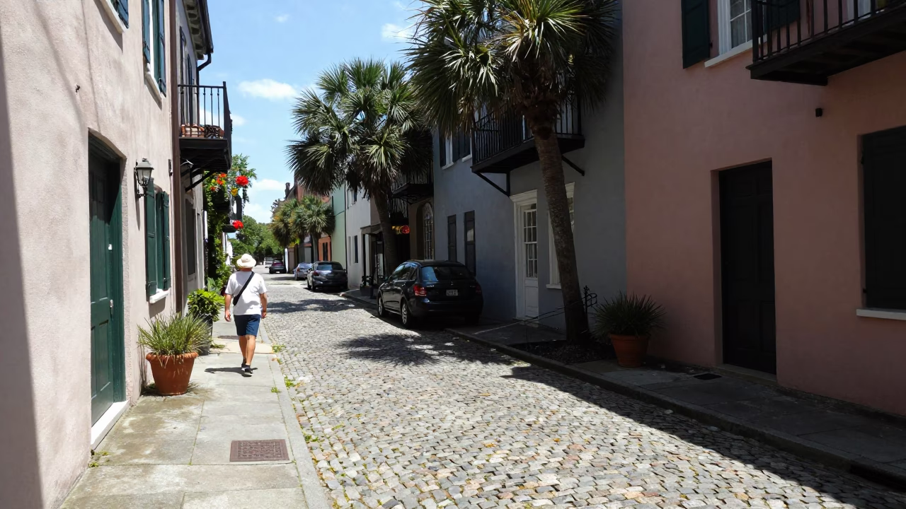 Historic Charleston South Carolina Street Scene Under Harsh Noon Sunlight in in Charleston, South Carolina, United States