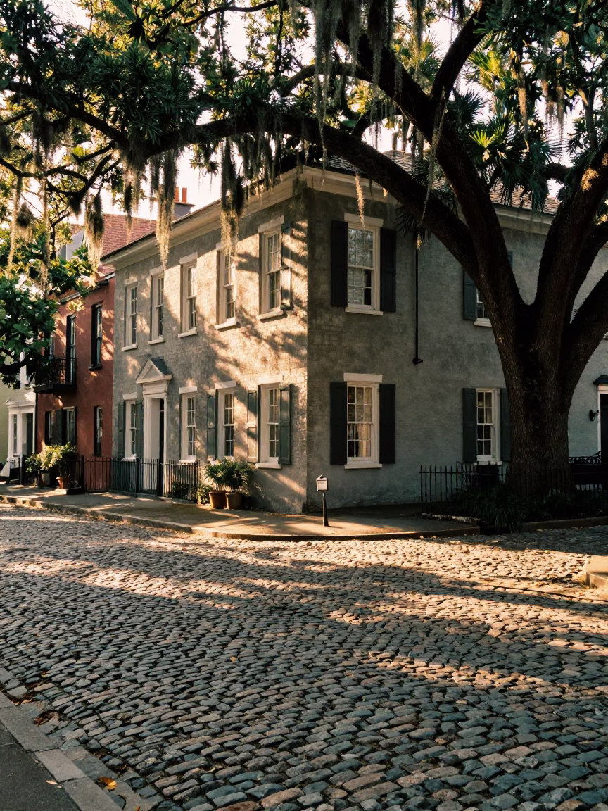Historic Charleston Street Corner Late Afternoon Sunlight and Cobblestone Architecture in in Charleston, South Carolina, United States