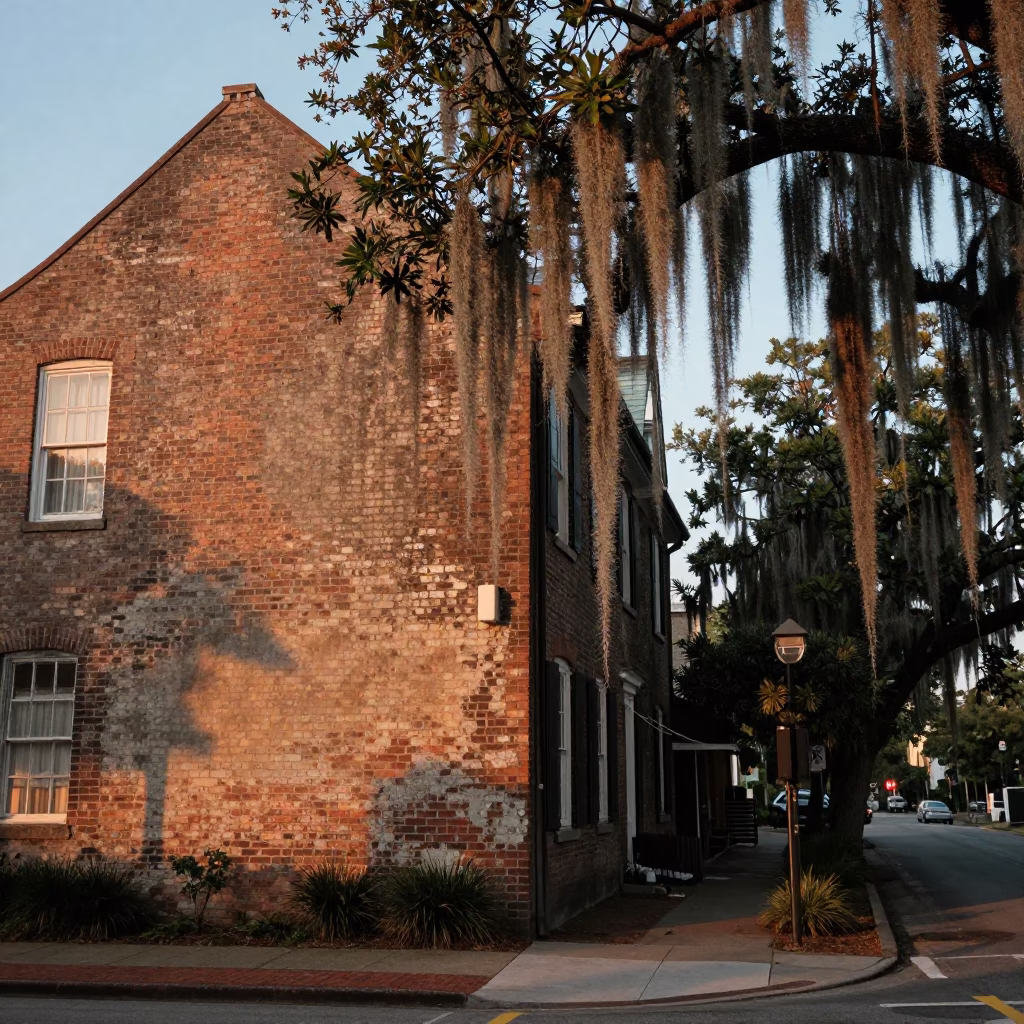 Historic Charleston Street Corner with Spanish Moss and Evening Light in in Charleston, South Carolina, United States